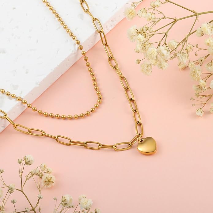 Heart Necklace for Women, 18K Gold Plated Heart Pendant Layered Necklaces Jewelry Gifts Gold Silver
