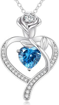 LOUISA SECRET Rose Flower Heart Birthstone Necklaces for Women, 925 Sterling Silver Fine Jewelry, Pendant Heart Necklaces Birthday Anniversary Christmas Gift for Women Wife Mom Girlfriend Lady