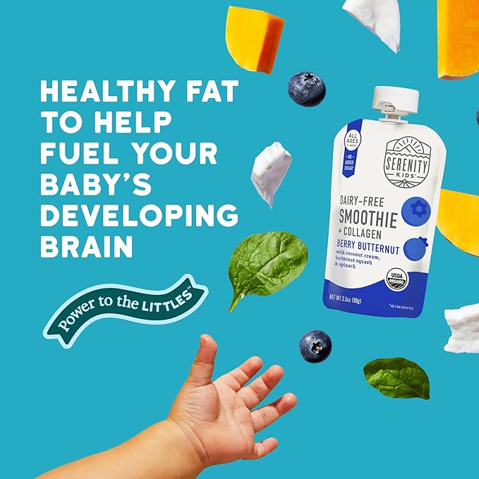 Serenity Kids 6+ Months Dairy-Free Smoothie Baby Food Pouch - USDA Organic & Grass-Fed Collagen Protein - Berry Butternut Flavor - Portable Toddler Snacks - 3.5 Oz, 12 Pack