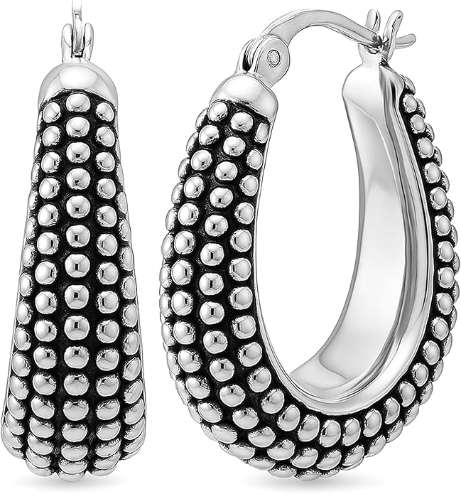 LeCalla 925 Sterling Silver Bali-Style Hoop Earrings Lightweight Click-Top Antique Two-Tone Beaded Italian Bali Style Earring Hoops for Women