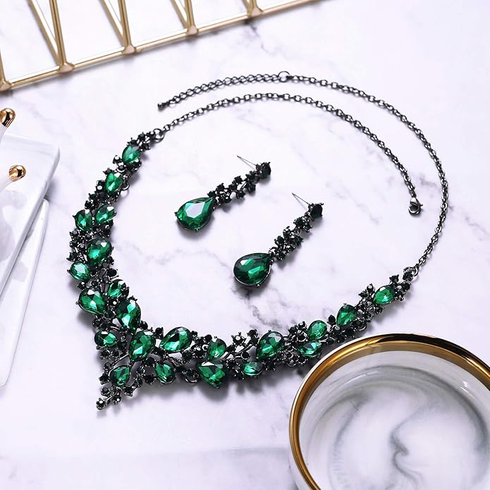 BriLove Women's Wedding Bridal Austrian Crystal Teardrop Cluster Statement Necklace Dangle Earrings Jewelry Set
