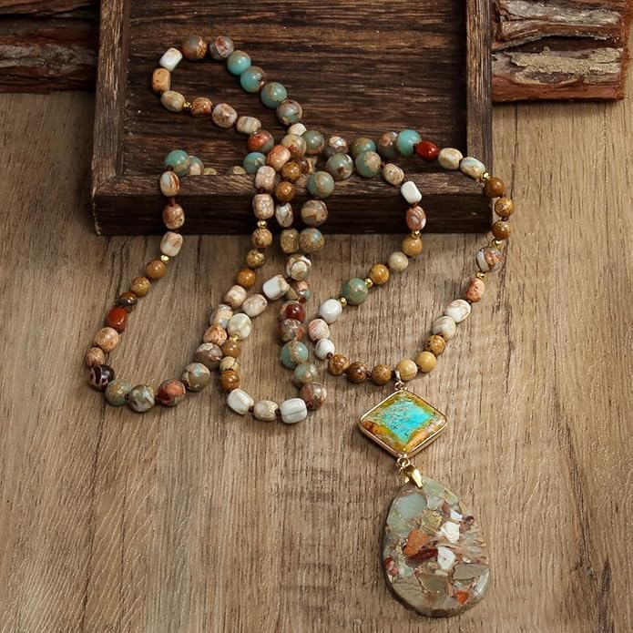 Yomisa Boho Necklaces for Women Men Long,33/34/35 Inch Natural Turquoise Tiger Eye Beaded Stone Pendant Necklaces for Women Trendy,Handmade Bohemian Western Bead Necklace Fashion Charm Jewelry Gift