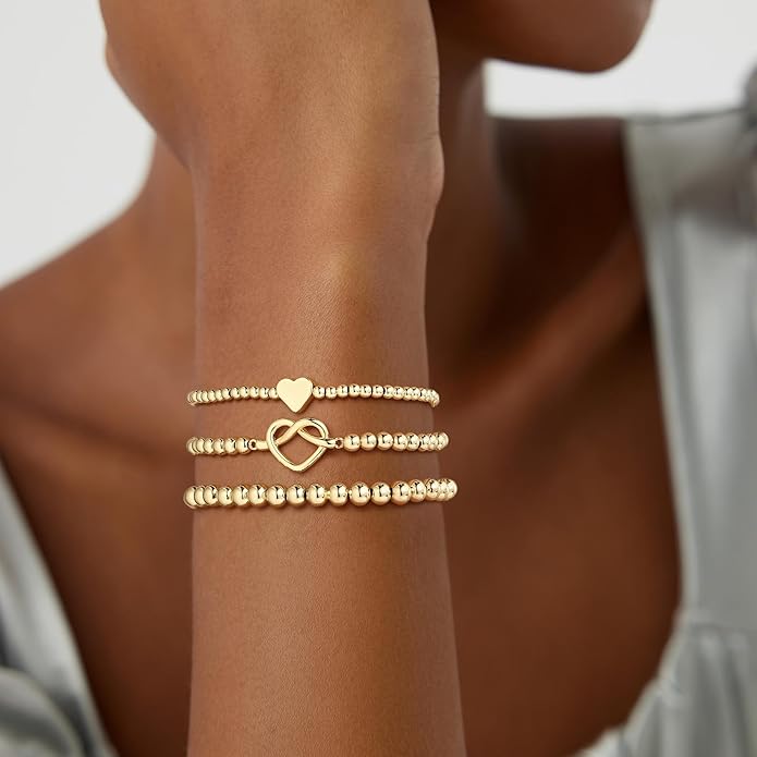 Turandoss Gold Bracelets for Women - Dainty 14K Gold Plated Bow Cross Beaded Bracelets for Women Stackable Heart Bead Bracelet Set Wave CZ Round Ball Bracelet Valentine's Day Gifts for Her