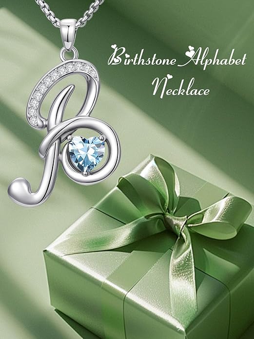 Valentines Day Gifts for Women Alphabet A to Z Initial Birthstone Pendant Necklaces for Women - 18k White Gold Plated Personalized Name Jewelry Valentine Mothers Day Birthday Gifts for Women Her Girlfriend