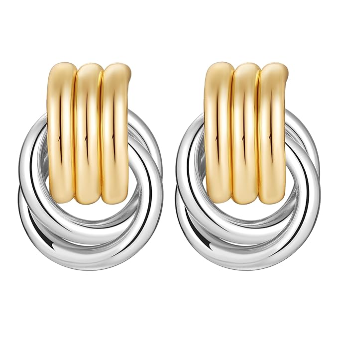 Gold Plated Chunky Gold Earrings for WomenKnot Link Circle Statement Drop Dangle Earrings Studs Trendy Jewelry (L-Size Chunky Earrings)