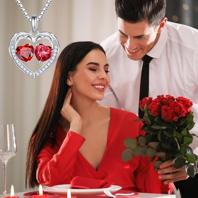 Iefil Valentines Day Gifts for Her - 925 Sterling Silver Heart Birthstone Necklace, Anniversary Birthday Gifts for Women Wife Girlfriend Mom Her