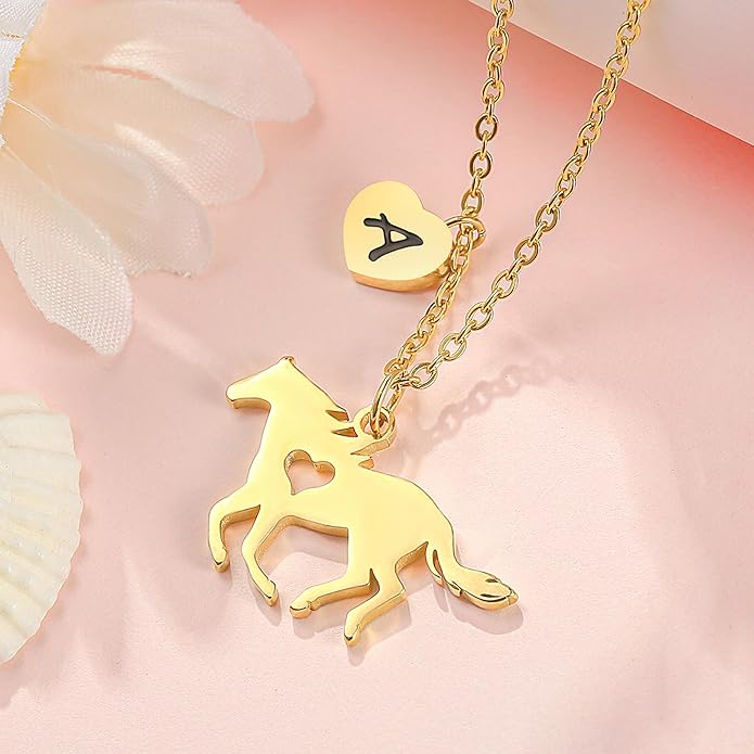 MONOOC Valentines Gifts for Kids Her Girls - Horse Necklace Gifts for Girls Horse Jewelry Necklaces Heart Initial Necklace Valentines Gift for Kids Her Teen Girl Women