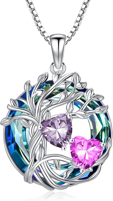 TOUPOP s925 Sterling Silver Family Celtic Tree of Life Pendant Necklaces with 2 Heart Birthstone with Blue Austrian Crystal Jewelry Birthday Valentines Day Gifts for Her, Anniversary Christmas Gifts for Wife Girlfriend Mom (18K Real White Gold Filled)