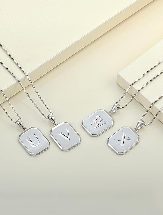 YL Initial Necklace 925 Sterling Silver Square/Round/Heart Letter Pendant A-Z Alphabet Polished Jewelry for Women