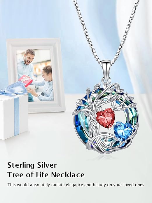 TOUPOP s925 Sterling Silver Family Celtic Tree of Life Pendant Necklaces with 2 Heart Birthstone with Blue Austrian Crystal Jewelry Birthday Valentines Day Gifts for Her, Anniversary Christmas Gifts for Wife Girlfriend Mom (18K Real White Gold Filled)