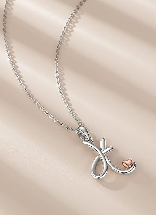 CELESTIA 925 Sterling Silver Initial Necklaces 26 Letter with Rose Gold Heart - 18 Inch Chain