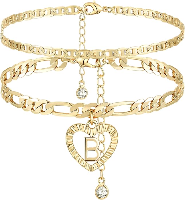 YANODA Initial Ankle Bracelets for Women 14K Gold Plated Layered Figaro Chain Letter Initial Anklets Handmade Layered Heart Ankle Bracelets Personalized Jewelry for Women