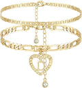 YANODA Initial Ankle Bracelets for Women 14K Gold Plated Layered Figaro Chain Letter Initial Anklets Handmade Layered Heart Ankle Bracelets Personalized Jewelry for Women