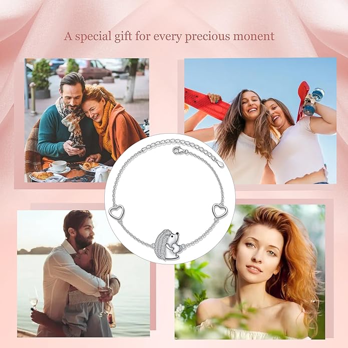 FLYOW 925 Sterling Silver Cute Animal Heart CZ Hedgehog Pendant Necklace and Stud Earrings Bracelet Set for Women Birthday Jewelry