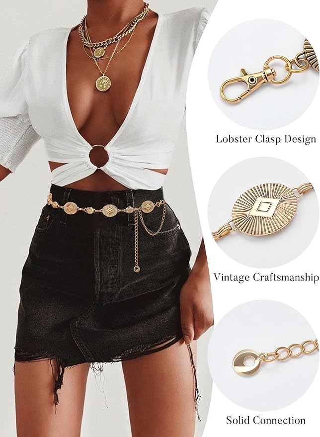 FIORETTO Metal Waist Chain Link Belt for Women Western Cowgirl Boho Turquoise Belts for Dress Jeans Country Concert Outfit