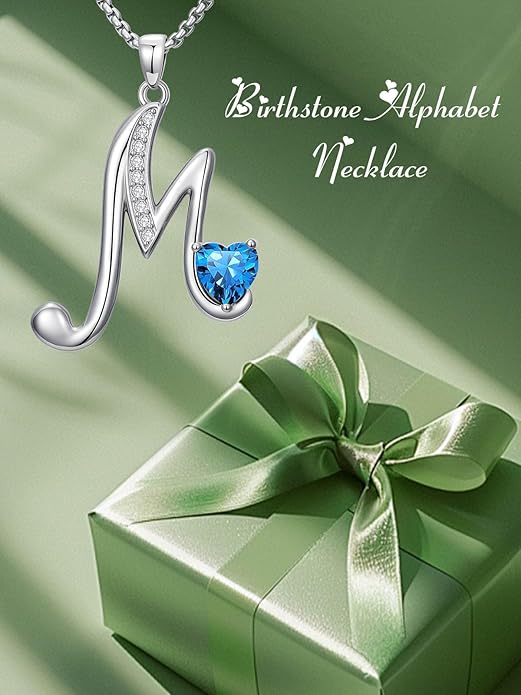 Valentines Day Gifts for Women Alphabet A to Z Initial Birthstone Pendant Necklaces for Women - 18k White Gold Plated Personalized Name Jewelry Valentine Mothers Day Birthday Gifts for Women Her Girlfriend