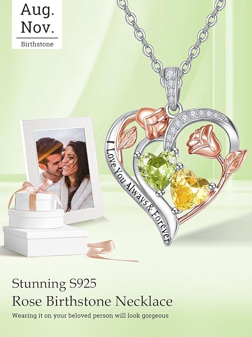 Valentine's Day Gifts for Wife 925 Sterling Silver Double Birthstone Pendant Necklaces I Love You for Always and Forever Necklace Anniversary Birthday Gifts for Wife Girlfriend Mom Her