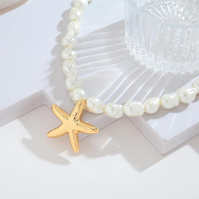 WOWORAMA Gold Necklace for Women Boho Spiral Conch Shell Necklace Starfish Necklace Vintage Ocean Sea Shell Choker Pendant Necklace Adjustable Summer Beach Jewelry
