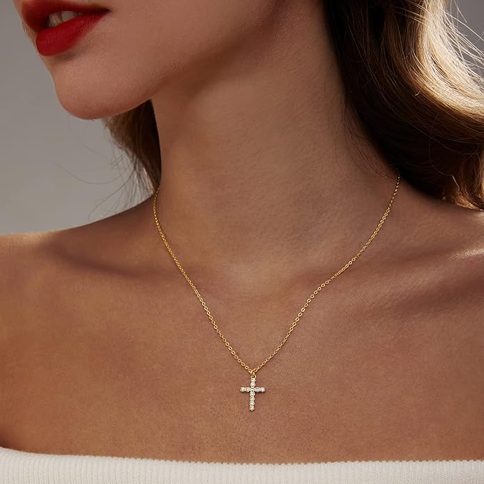 Zeffy Cross Necklace for Women, 18k Gold/Silver Plated Tiny Cross Pendant Necklace Simple Layered Cross Necklaces Gold Jewelry for Women