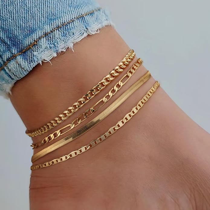 Anklets for Women 14K Gold Silver Plated Ankle Bracelets Trendy Waterproof Boho Anklets Set Adjustable Dainty Cute Diamond Beaded Heart Non Tarnish Summer Beach Jewelry Gift