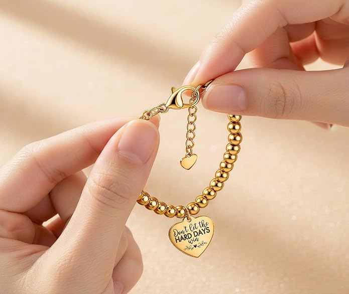 Beaded Gold Bracelet for Women Stretch Handmade Ball Charm Gifts for Women Dainty Don't Let The Hard Days Win Jewelry Charm Gifts for Her