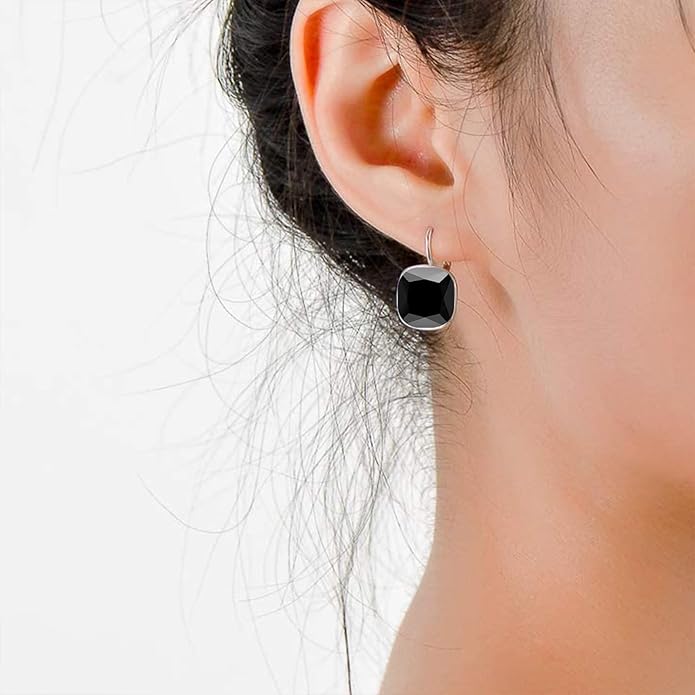 AOBOCO Sterling Silver Leverback Earrings Embellished with Crystals from Austria, Hypoallergenic Cushion Cut Square Crystal Earrings, Fine Anniversary Birthday Jewelry Gifts for Women