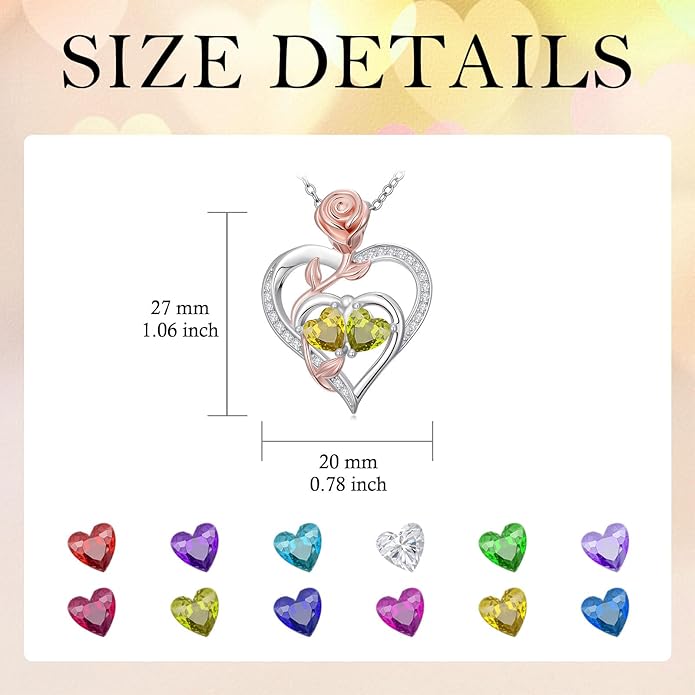 Rose Flower Heart Pendant for Women Birthday Gifts 18k Gold Plated Mother Daughter Necklace with 12 Months Birthstone Christmas Valentines Day Gifts for Her Mom Anniversarry Jewelry for Mom Wife Girlfriend