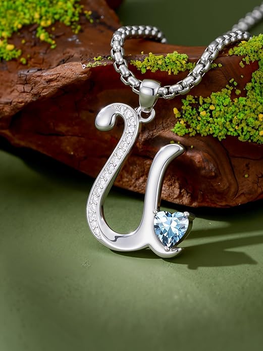 Valentines Day Gifts for Women Alphabet A to Z Initial Birthstone Pendant Necklaces for Women - 18k White Gold Plated Personalized Name Jewelry Valentine Mothers Day Birthday Gifts for Women Her Girlfriend