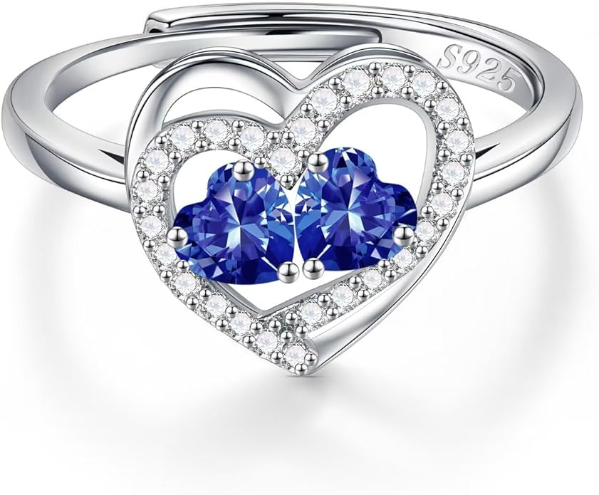Iefil Adjustable Ring for Women - 925 Sterling Silver Double Birthstone Rings, Anniversary Birthday Gifts for Women Wife Her