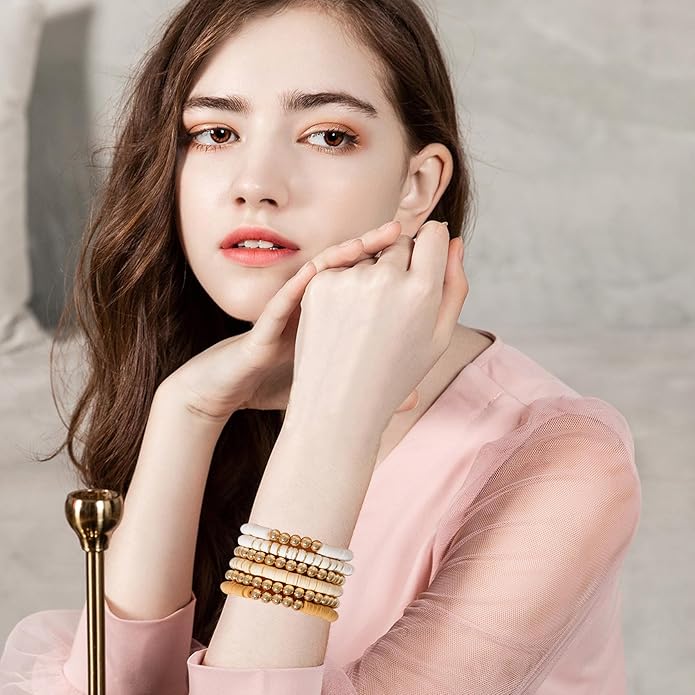 GOOJIDS Surfer Heishi Clay Bead Bracelets for Women Bohemian Stackable Gold Plated Beaded Stretch Bracelets Elastic Layering Friendship Bracelets Set Boho Jewelry