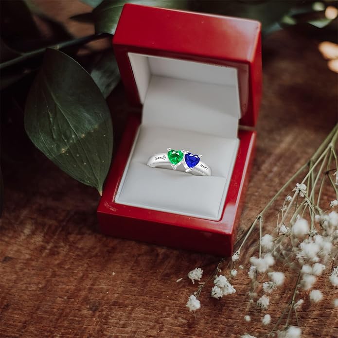 Personalized Heart Birthstone Rings for Women with 2 Birthstones Custom Name Rings for Couple Mother Daughter Jewelry Gift for Mother Her Christmas