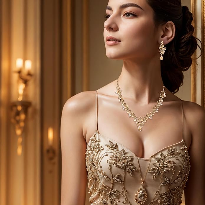 BriLove Women's Wedding Jewelery Set Leaf Flower Crystal Teardrop Marquise Cluster Pendant Necklace Dangle Earrings for Bridal Party