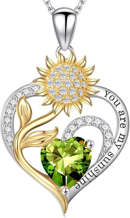 Iefil Valentines Day Gifts for Her - Sunflower Heart Birthstone Necklace Gifts for Women, Anniversary Birthday Gifts for Her 925 Sterling Silver Necklace You Are My Sunshine Jewelry for Wife Mom