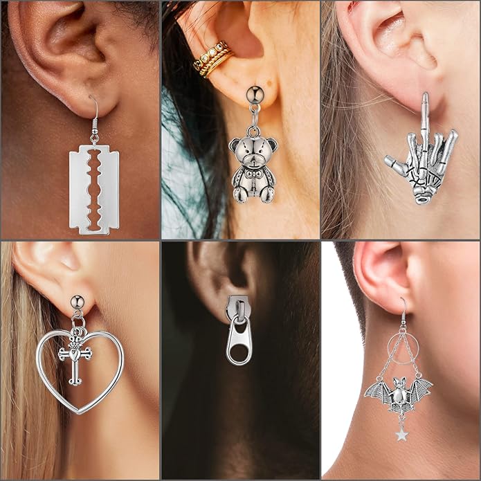 Yinkin 40 Pairs Goth Earrings Set Grunge Punk Rock Dangle Earring Gothic Y2k Jewelry Bat Cross Snake Skull Earrings for Women