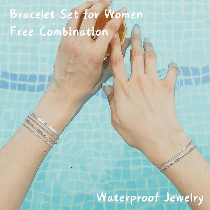 Silver and Gold Bracelets for Women Non Tarnish Waterproof Gold bracelet stack set, Adjustable 6.5"+2" Extender, Layered Bracelets for Women，Exquisite Jewelry Gift