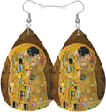 Batik Painting Leather Teardrop Hook Earrings Vintage Abstract Couple Kiss Floral Folk Art Elegant Earrings For Women Friends Dangle Earrings