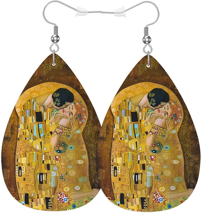 Batik Painting Leather Teardrop Hook Earrings Vintage Abstract Couple Kiss Floral Folk Art Elegant Earrings For Women Friends Dangle Earrings