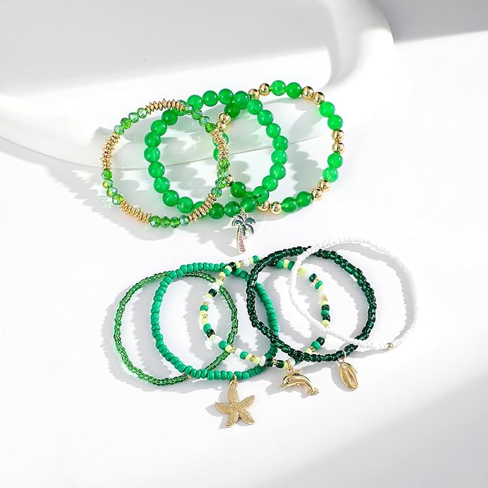 Shell Bracelet Seashell Boho Beaded Stretch Bracelets for Women Summer Beach Bracelets Starfish Charm Bracelet Stackable Gold Plated Bracelets Set for Women