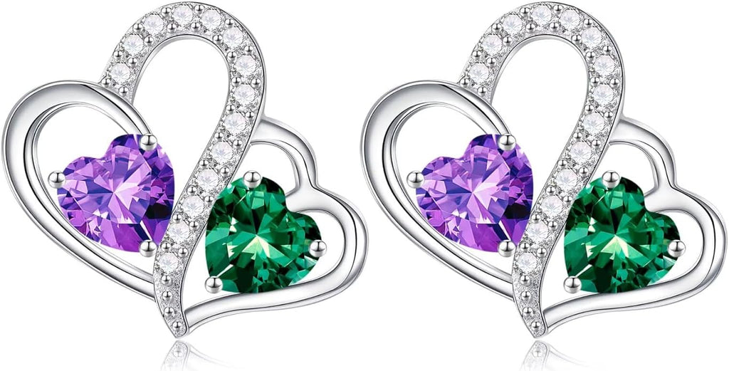 Iefil Valentines Day Gifts for Her - Birthstone Earrings Gift for Women, 925 Sterling Silver Double Heart Birthstone Earrings | Anniversary Birthday Gifts for Women, Personalized Jewelry for Wife Mom