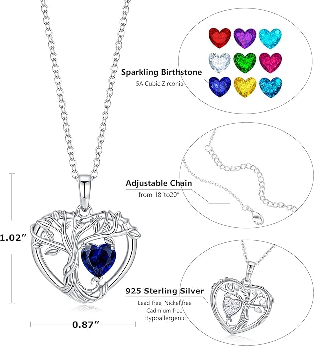 Tree of Life Necklaces for Women 925 Sterling Silver Heart Pendant Birthstone Necklace Created Gemstone Jewelry for Her, 18"+2"