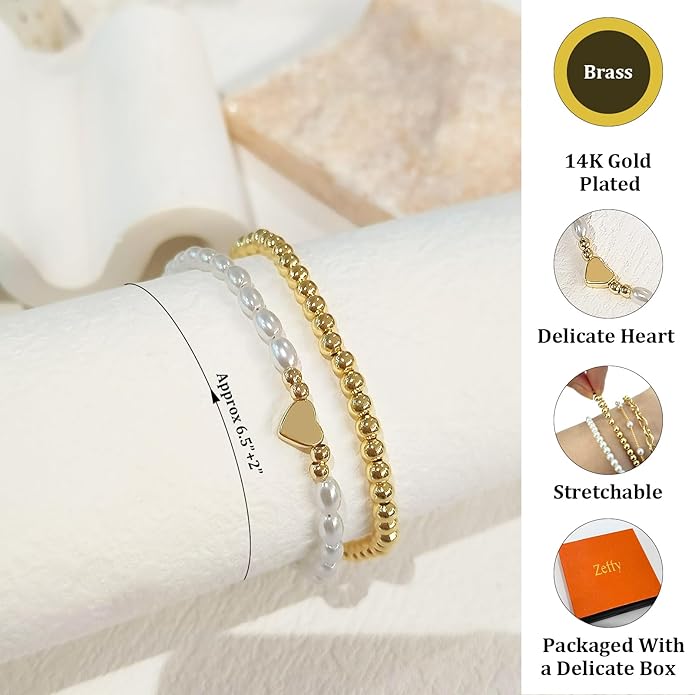 Zeffy Gold Pearl Beaded Bracelet for Women, 14K Gold Plated Jewelry Set With Paperclip Link Chain, Trendy Stack Bracelets