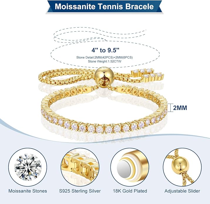 Moissanite Tennis Bracelet 1.79ct-8.69ct Adjustable Bracelet for Women 18K White Gold Plated S925 Sterling Silver Tennis Bracelet D Color VVS1 Round Cut 2/3/4mm Moissanite Bracelet Gifts for Wife/Mom