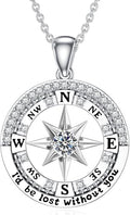 Compass Birthstone Necklace Gift for 2025 Graduation 925 Sterling Silver Compass ‘I'd be Lost Without You’ Pendant Necklaces Jewelry for Women Her Wife Gift for Birthday Anniversary