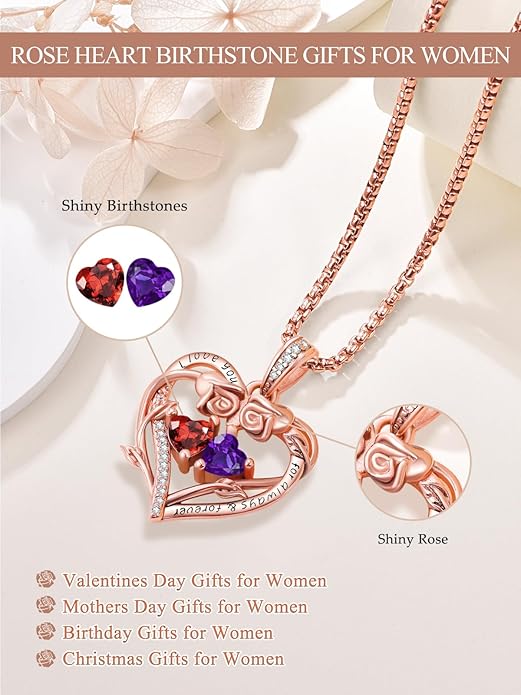 Rose Heart Necklaces for Women, Rose Gold Forever Love Jewelry with 2 Birthstones Pendant,Valentines Anniversarry Birthday Gifts for Her Wife Mom Grandma Daughter, 18+2 Inch Chain