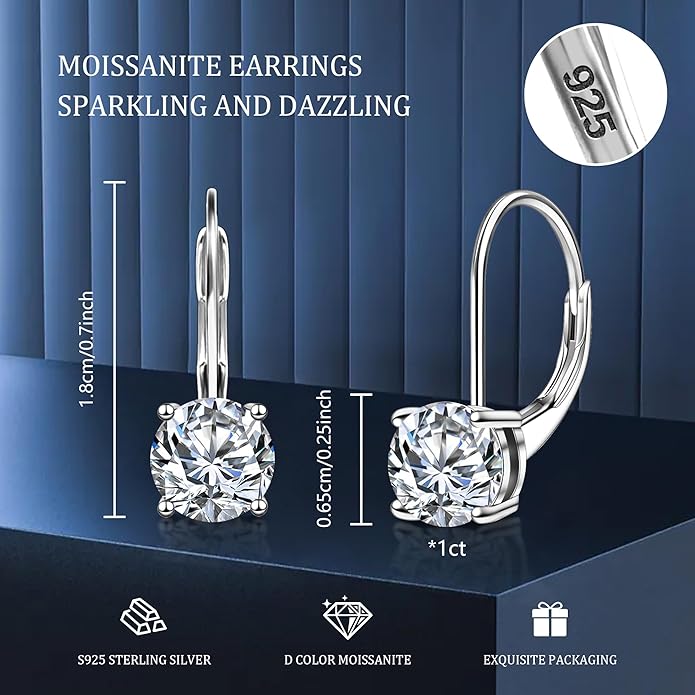 Moissanite Earrings, White Gold Plated Soild Sterling Silver Dangle Earrings 1.0ct-2.0ct D Color Brilliant Round Cut Lab Created Moissanite French Leverback Drop Earring for Women