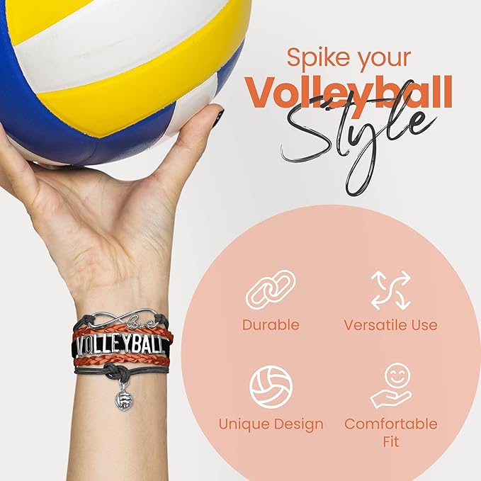 Volleyball Bracelets For Girls- Ideal Volleyball Gifts & Souvenirs. Adjustable Charm Bracelet with Moveable Letters, Infinity Symbol & Silver Volleyball Charm. Fashionable Bracelets by SportyBella.