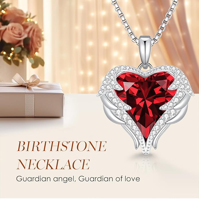 CDE Valentines Day Gifts for Women Angel Wings Necklace for Women with Birthstone, Love Heart Silver Tone/Gold Tone Pendant, Ideal Anniversary or Birthday Jewelry Gifts for Wife Girlfriend Her