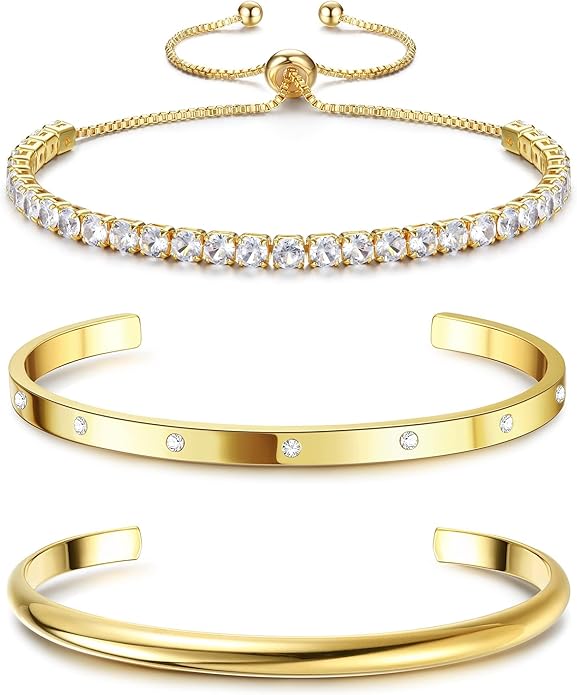 Fansilver 14K Gold Bracelets for Women Trendy Bangle Cuff Chain Bracelets Set Gold Plated Paperclip Bead Tennis Bracelet Chunky Gold Filled Bracelet Stack 3/4PCS