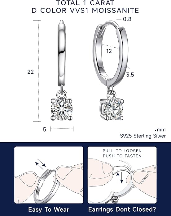MomentWish Dangle Earrings for Women-925 Sterling Silver Moissanite Earring, Women's Gift for Valentine Birthday, D Color VVS1 Dancing Moissanite Hoops