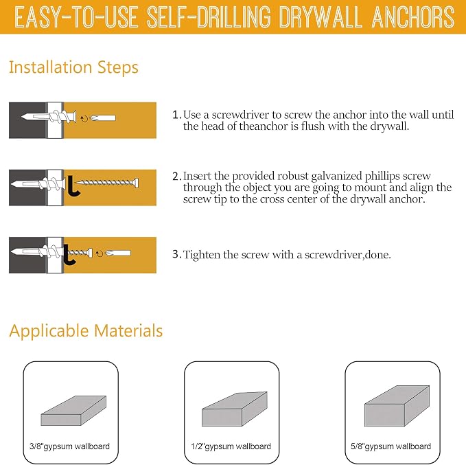 #8 Zinc Self-Drilling Drywall Anchors, 30 Heavy Duty Anchors + 30#8 x 1-1/4'' - Image 7